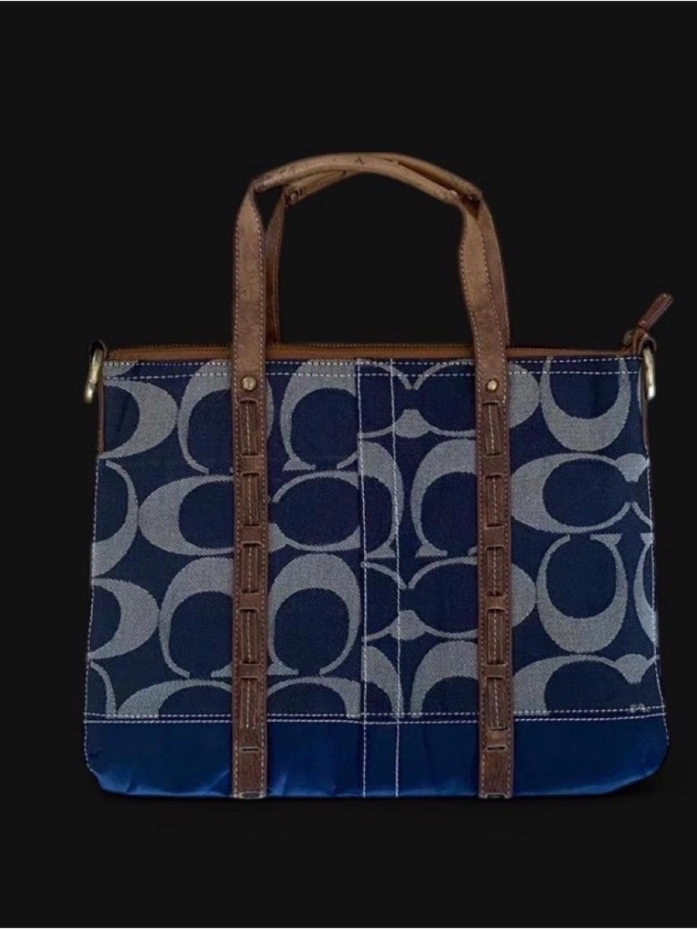 Coach Canvas Tote with Navy Signature 'C' and Brown Leather Trim